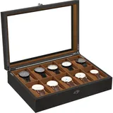 Uten Uhrenbox mit 10 Fächern, Uhrenbox aus Massivholz mit Glasabdeckung, Aufbewahrungsbox für Herren und Damenuhren, Herausnehmbares Kissen aus Seidenbaumwolle, Braunes Futter, Geschenkidee