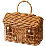 Weidenkorb aus Rattan mit Deckel und Griff, Hausförmiger Tragbarer Aufbewahrungskorb Geflochten, Dekorativer Rattan Korb für Spielzeug, Wäsche, Camping, Picknick und Einkauf