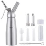 Timoston 0.5L Sahnespender für Schlagsahne,10 in 1,Cremes und Soßen Schlagsahnebereiter mit 3 Edelstahl Spritztüllen Profi Sahnesyphon aus Aluminium 500mL (Silber)