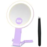 B Beauty Planet Vergrößerungsspiegel mit Licht, Doppelseitiger 30X/1X Vergrößerungsspiegel, Reise-Schminkspiegel mit 3 farbigen Lichtern, Faltbarer Makeup-Spiegel mit Tweezer, Handheld/Tabletop