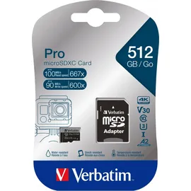 Verbatim Pro U3 R100/W90 microSDXC 512GB Kit, UHS-I U3, A2, Class 10 (47046)