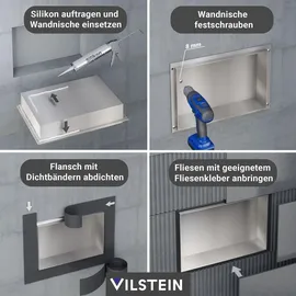 VILSTEIN | Duschnische 30x45 cm | Unterputz | Wandnische Edelstahl | Randloses Duschregal - Silber