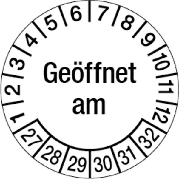 Prüfplakette ab 27, Geöffnet am, Ø 30 mm, Dokumentenfolie - Bogen = 10 Stück - 30 mm Dokumentenfolie selbstklebend