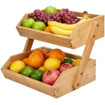 Relaxdays Obst Etagere Bambus, 2 Etagen, HBT 26,5x30x25 cm, Korbetagere, Obst, Gemüse & Gebäck, Obstschale Küche, Natur
