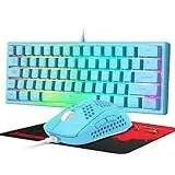 60 Prozent Mini Gaming Tastatur Und Maus Set Blau, QWERTY Layout RGB Regenbogen LED Beleuchtet Mechanische Gefühl Ergonomische Tastatur, 12000 DPI Bienenwabe Maus USB Verkabelt Für PC Laptop