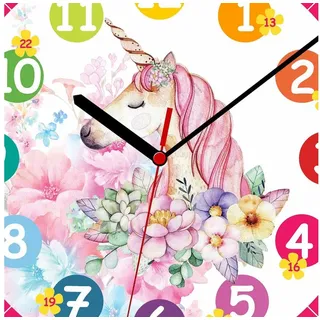 wall-art K&L Wall Art rosa Kinder Wanduhr für Mädchen lautlose Einhorn Prinzessin Kinderuhr 30cm groß mit Lernzifferblatt 30cm