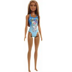 MATTEL HDC51 Barbie Beach — Dunkelhäutige Puppe mit Blumen, Blauer Badeanzug