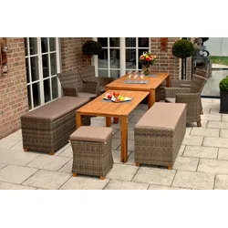 Garten-Essgruppe MERXX "Toskana", beige (natur, natur, natur), Polyester, Aluminium, Kunststoff, Polyester, Massivholz, Sitzmöbel-Sets, 4 Sessel, 2x 3er Sitzbank, 2x Hocker, inkl. Sitzkissen, Ausziehtisch