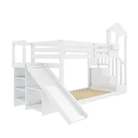autolock Kinderbett Etagenbetten,Doppelbett,Multifunktionales Kinderbett,Mit Rutschen, Hochbett mit Treppen,Treppenschränke und Schließfächer,Massivholz weiß