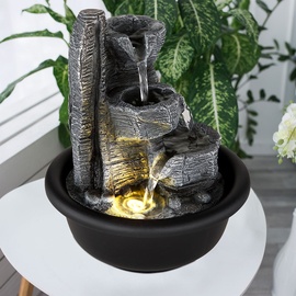 GLOBO Zimmerbrunnen Tischbrunnen mit Wasserfall LED Springbrunnen Deko Beleuchtung, Kunststoff schwarz grau, 3000K warmweiß, d 16 cm