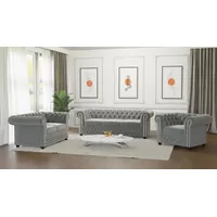 S-Style Möbel Polstergarnitur Chesterfield Lena mit Schlaffunktion 3+2+1 aus Samt-Stoff, Holzfüßen, (3-Sitzer-Sofa mit Schlaffunktion, 2-Sitzer-Sofa mit Schlaffunktion, Sessel), mit Wellenfederung grau