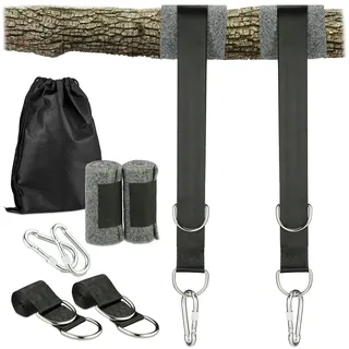 Relaxdays Hängemattenaufhängung, 7-tlg. Set, 2 Gurte, 2x Baumschutz, 2 Schwerlastkarabiner, bis 900 kg, schwarz/grau