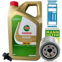 Ölwechsel Set Inspektion 5L Castrol Edge Titanium FST LL 5W-30 Öl Motoröl + MANN Ölfilter + Öl Ablassschraube Verschlussschraube
