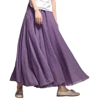 Beautyhis Böhmischer Baumwoll-Leinenrock für Damen, Sommer-Leinen-Maxirock, elastische Taille, A-Linie, fließende Maxiröcke, lavendel, 44 - 44
