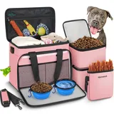 Abrimelodi 6-teiliges Hunde-Reisetasche, großes Haustier-Reise-Set für Zubehör, enthält 2 Futterbehälter, 1 Reise-Organizer für Hunde, 2 faltbare Näpfe, 1 Leckerlibeutel, rosa Geschenk für Frauen