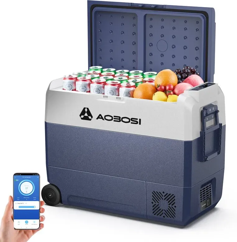 AOBOSI 60L Kompressor-Kühlbox, Autokühlbox mit WLAN-App-Steuerung, 12/24V & 100–240V Elektro-Kühlbox, bis zu -20°C — Für Autos, LKW, Boote, Wohnmobile & Camping — Blau