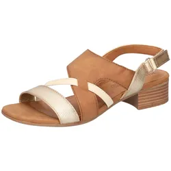 Sandalette MUSTANG SHOES, Damen, Gr. 38, cognacfarben, goldfarben, Lederimitat, vintage, metallic, elegant, Schuhe, Sandalette, Festtagsschuh mit Metallic-Einsätzen