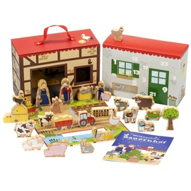 yoamo Bauernhof für Kinder inkl. Adventskalender mit 24 Holzfiguren, hochwertigem Spielkoffer und weihnachtlicher Tier-Geschichte, mehrfarbig, 27-teilig (1 Set)