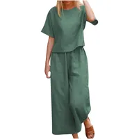 damen hosenanzug elegant 2 teilig Gutschein 2 Teiler Hosenanzug Damen Musselin Bluse Weites Bein Leinenhose Vintage Einfarbig Zweiteiler Kurzarm Rundhals Tshirt Baumwolle Leinen Hose Sommer Lounge Set - 3XL