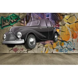 Fototapete PAPERMOON "Auto durch Mauer", bunt, B:3,50m L:2,60m, Vlies, Tapeten