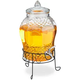 Relaxdays Getränkespender mit Ständer, Limobehälter 8L, Edelstahl Zapfhahn & Deckel, Wasserspender, Glas, transparent