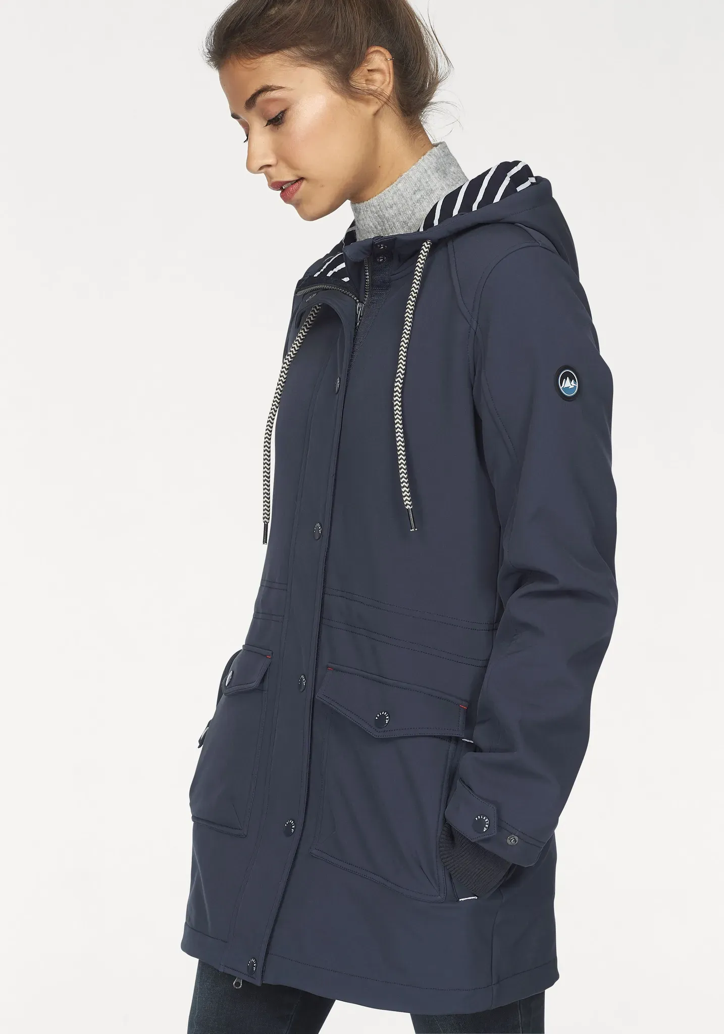 Softshellparka POLARINO, Damen, Gr. 34, blau (dunkelblau), Softshell, Obermaterial: 96% Polyester, 4% Elasthan. Futter: 100% Polyester. Kapuzenfutter: 65% Baumwolle, 35% Polyester, Strickbündchen mit Druckknöpfen,verstellbar, Jacken, mit Fleece-Innenseite, aus Softshell, wasserabweisend, winddicht