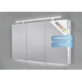 Intarbad Badezimmerspiegelschrank 3-türiger Spiegelschrank mit MULTI LED Acryl Aufsatzleuchte, dimmbar (Doppelspiegeltüren, Holz-/ Lackdekore, Maße von 120 bis 140 cm wählbar, Höhe 70 cm, Glasfachböden, Magnetleiste & Kosmetikspiegel Ø 12 cm) Vormontierte Lieferung, Floatglas, 160 kg Traglast, Made in Germany weiß 120 cm x 70 cm x 13,5 cm