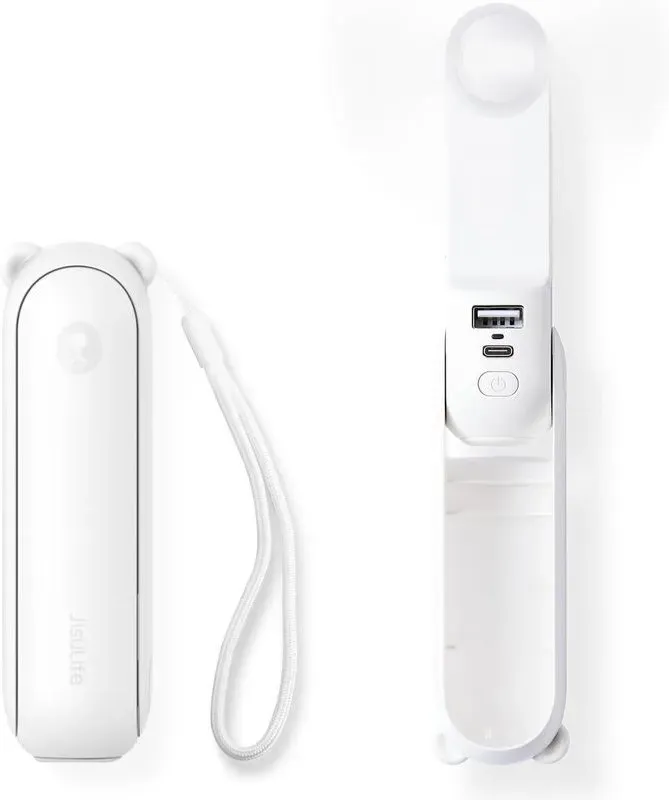 JISULIFE Mini-Handventilator, 3-in-1 (Personalventilator/2000 mAh wiederaufladbare Powerbank/Taschenlampe), Taschenformat für den Outdoor-Einsatz, Weiß
