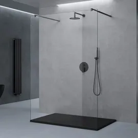 doporro Duschwand Duschtrennwand 140x200 Walk-In Dusche schwarz mit Doppel-Stabilisator aus Echtglas 8mm ESG-Sicherheitsglas Klarglas