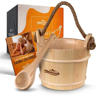 alpenhauch Sauna Eimer mit Kelle [100% Naturholz] - Edler Saunakübel mit komfortablem Hanftrageseil - Langlebiges Sauna Zubehör - Aufgusseimer Set inkl. Praktischem Büchlein - Wellness Saunaeimer Set