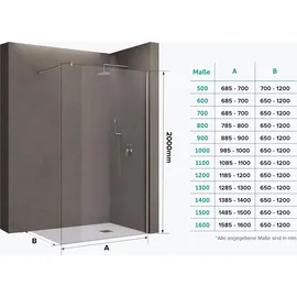 doporro Luxus Duschwand Duschabtrennung 50x200cm Walk-in Dusche 10mm Esg-sicherheitsglas Klarglas inkl. Nanobeschichtung Bremen02K
