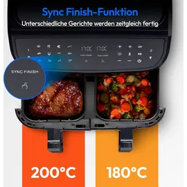 Medion P20 XXL Heißluftfritteuse mit 2 Kammern (8,7 Liter, Airfryer, 2.600 Watt, Doppelkammer, 9 Automatikprogramme, 2 Schubladen, Sichtfenster, Dualer Airfryer, Dual Cook & Sync-Finish Funktion)