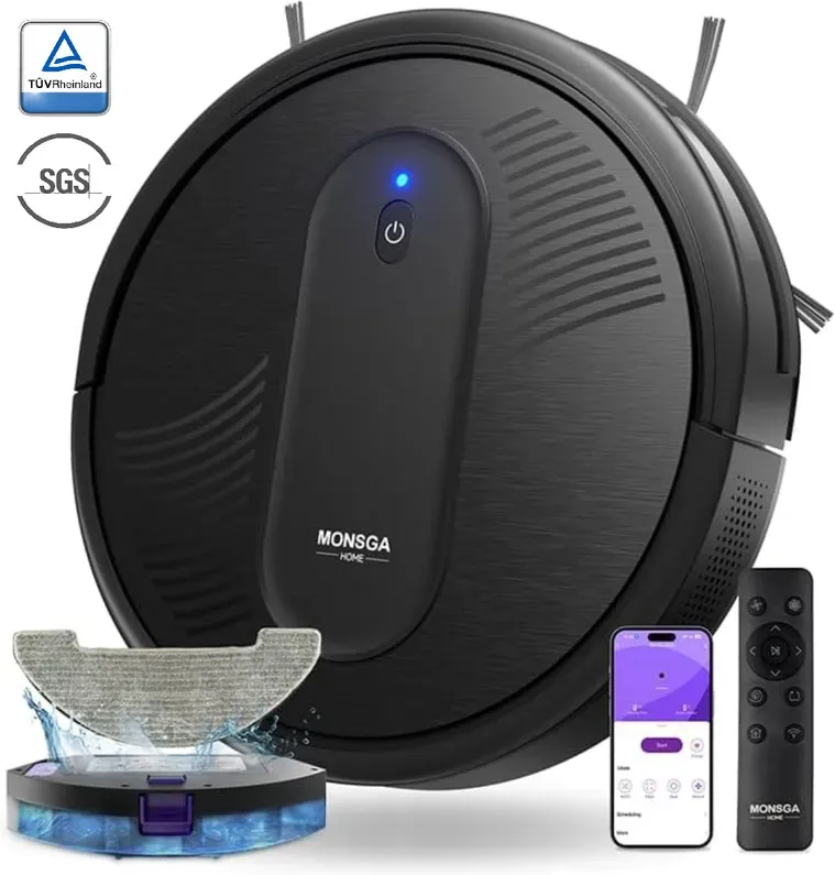 MonsgaClean 2-in-1 Nass- und Trocken-Roboterstaubsauger MR1, 3000 Pa Saugleistung, 3,2-Zoll Super-Slim, 140 Min Laufzeit, für Hartböden/Teppiche mit niedrigem Flor/Tierhaare, Fernbedienung/App/Sprachsteuerung, Reinigungsplanung