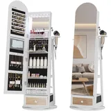 LVSOMT LED Bogen Schmuckschrank mit Spiegel, 360° Drehbar Standspiegel mit Schmuckschränke, Abschließbar Schmuckspiegelschrank mit Beleuchtung, Schmuckschrank Stehend Holz mit 3 Stufiges Regal, Weiß
