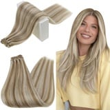 RUNATURE Tressen Echthaar Blond Highlights Echte Haare Echthaar Extensions Tressen 45cm Aschbraun mit Platinblond Echthaar Tressen Glatt Haarverlängerung Echthaar 100g #8P60