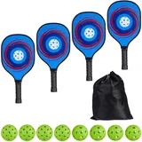 Relaxdays Pickleball Set, 4 Schläger & 8 Bälle, Ballspiel USA, Kinder & Erwachsene, Paddles mit Beutel, Holz, mehrfarbig