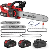 SundpeyPRO Bürstenlose Akku Kettensäge, 12 & 16 Zoll Elektro Kettensäge mit 2 Führungsschiene, 2 x 4,0-Ah-Akku, 4 Ketten, Werkzeuglosem Spanner und Kettenbremse, für Schneiden Beschneiden von Bäumen