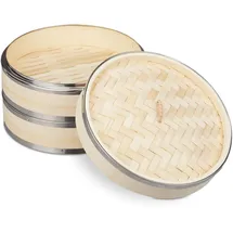 Relaxdays Bambus Dampfgarer, 2 Etagen, mit Metallringen, asiatischer Dampfkorb für Reis, Dim Sum, Gemüse, Ø25,5cm, natur
