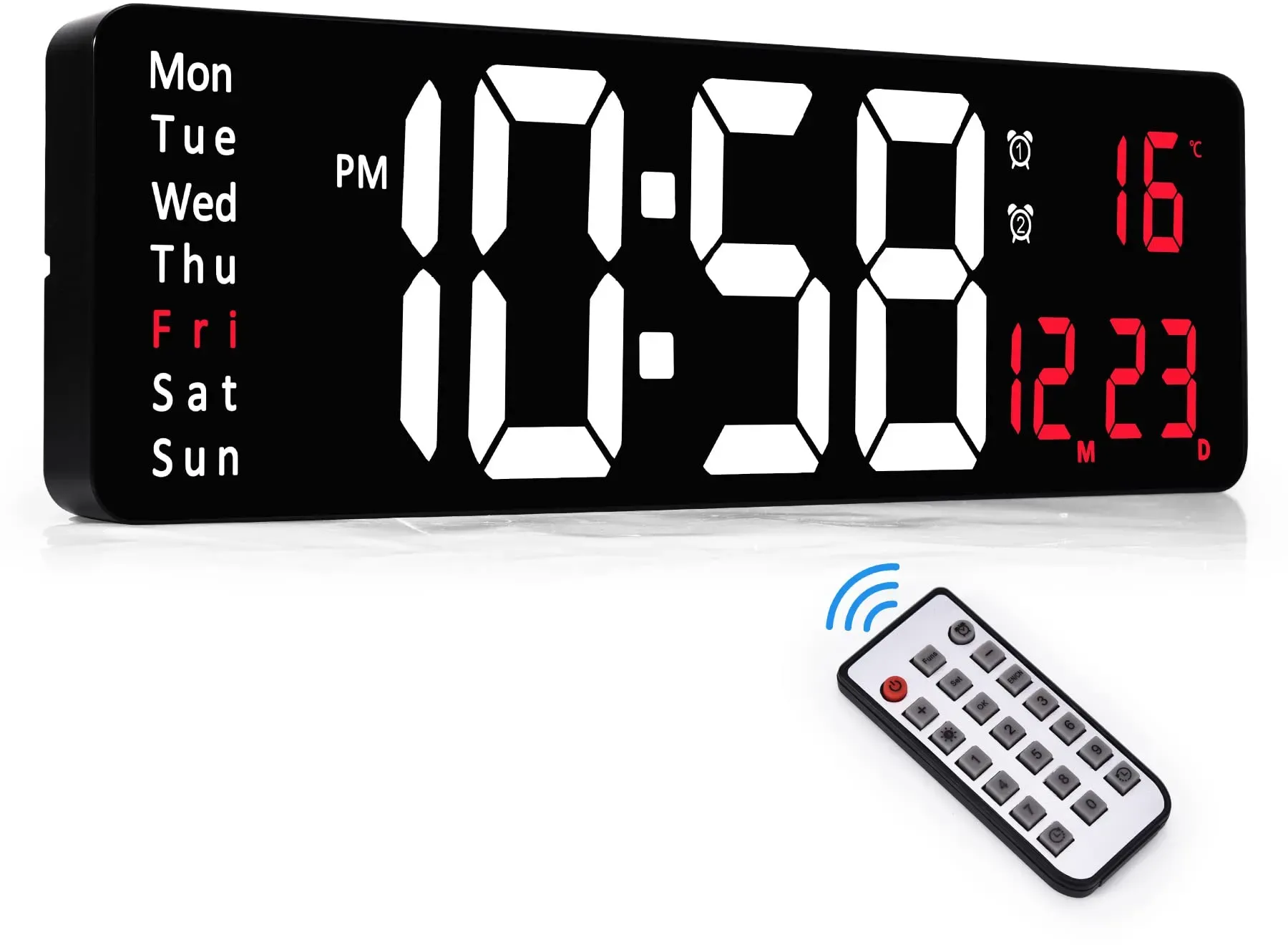 SZELAN Digitale Wanduhr(L) 386 x (B) 129 x (H) 33 mm,Digitale Wanduhr Groß LED Wanduhr Digital Uhr mit Countdown/Datum/Temperatur/Wecker/Snooze/Einstellbarer Helligkeit/Adapter/Funkfernbedienung-Rot