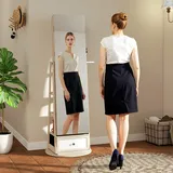 Schmuckspiegel Mit Led-beleuchtung, Schmuckschrank Mit 360° Drehbarem Spiegel, Schublade, Schloss, Natur