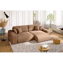 luma-home Cord Ecksofa Schlaffunktion ausziehbar Bettkasten Polsterecke L-Couch Hell-Braun & Hellbraun