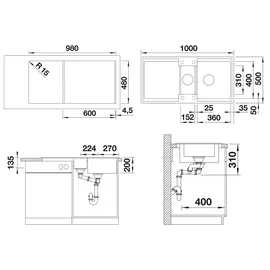 Blanco Adira 6 S rechts Einbau von Oben granit softweiß Handbetätigung 1000 x 500 mm