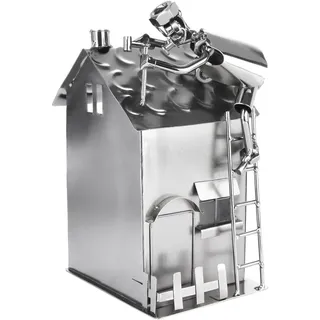 Brubaker Schraubenmännchen Haus mit Dachdecker - Silber Eisenfigur Metallmännchen - Handarbeit Metallfigur Hausbau Geschenk für Zimmermann Handwerker Hausbauer