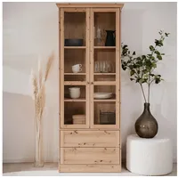 Homestyle4u 2749, Vitrinenschrank Landhausstil 2 Schubladen Glastüren Highboard Holz