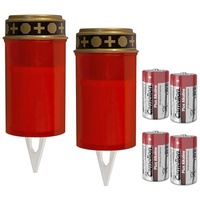 MARELIDA LED-Kerze LED Grablicht Set 2 Grabkerzen mit Batterien flackernd Erdpsieß Timer (2-tlg) rot