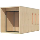 Karibu Design Saunahaus Miramar mit Vorraum - 73 mm naturbelassen Inkl. Terrasse Ohne Ofen