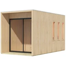 Karibu Design Saunahaus Miramar mit Vorraum - 73 mm naturbelassen Inkl. Terrasse Ohne Ofen