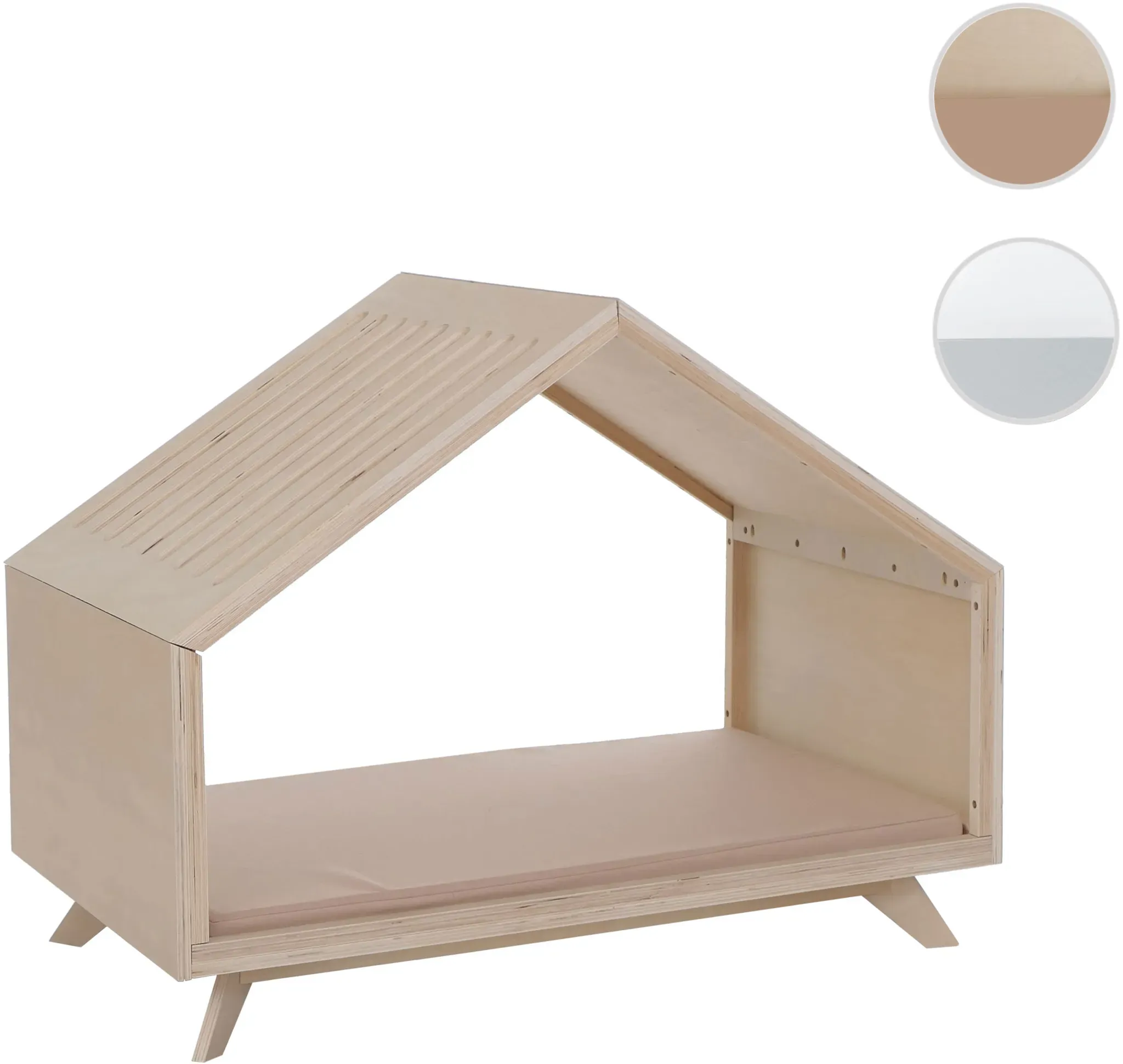 Schlafhütte HWC-Q65, für Haustiere Katzen-/Hundebett Tierhaus Holz FSC® 80x100x60cm ~ natur, Kissen beige