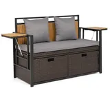 FANTASK Gartensofa mit Stauraum, 120 x 51 x 82 cm, 2-Sitzer Gartenbank mit klappbaren Seitenablagen & Kissen, Truhenbank wetterfeste, Balkonbank für Garten, Balkon, Terrasse (Grau)