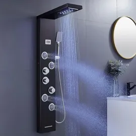 keokbon Duschpaneel Regendusche Edelstahl Schwarz mit LED-Lichter,5 Funktionen Duschsystem mit Handbrause, Massagedusche und Wasserfall Dusche